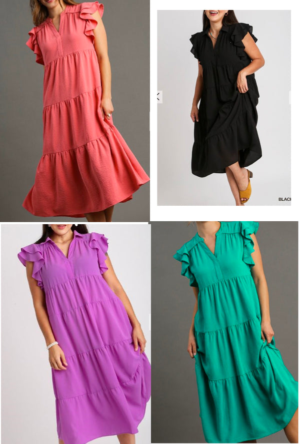 Remi Rose - Umgee Collar split neck short ruffle sleeves tiered midi dress with no lining