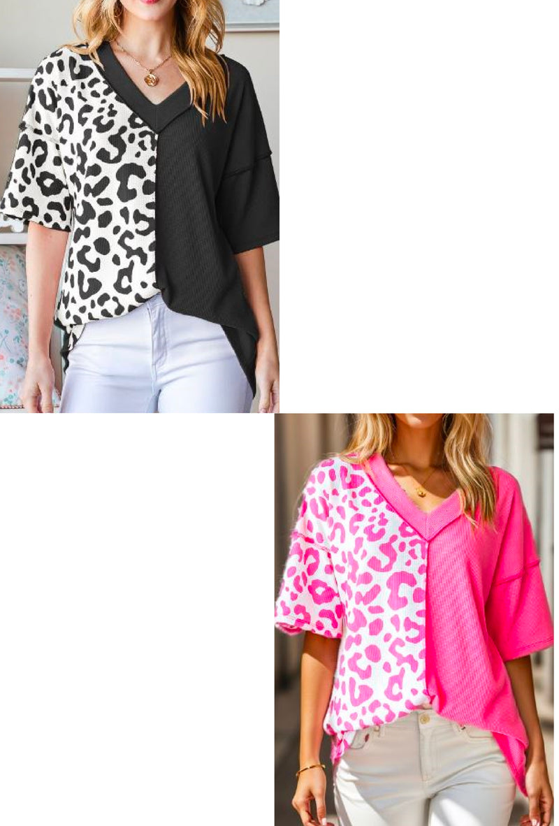 Rey - Short sleeve V-neck solid and animal print top with stitch detail