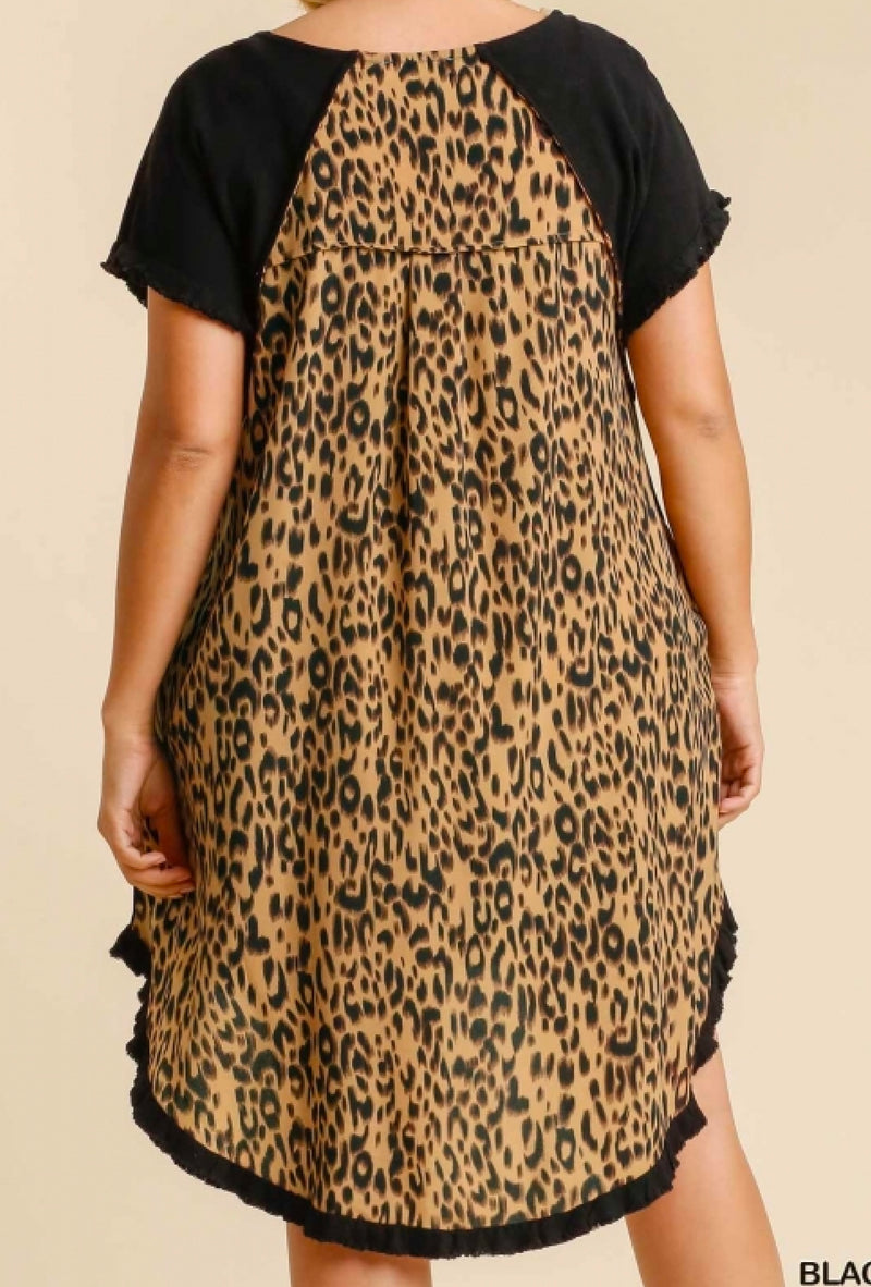 Riley Ann - Umgee Linen blend short sleeve round neck animal print dress with high low fishtail scoop ruffle hem - Black