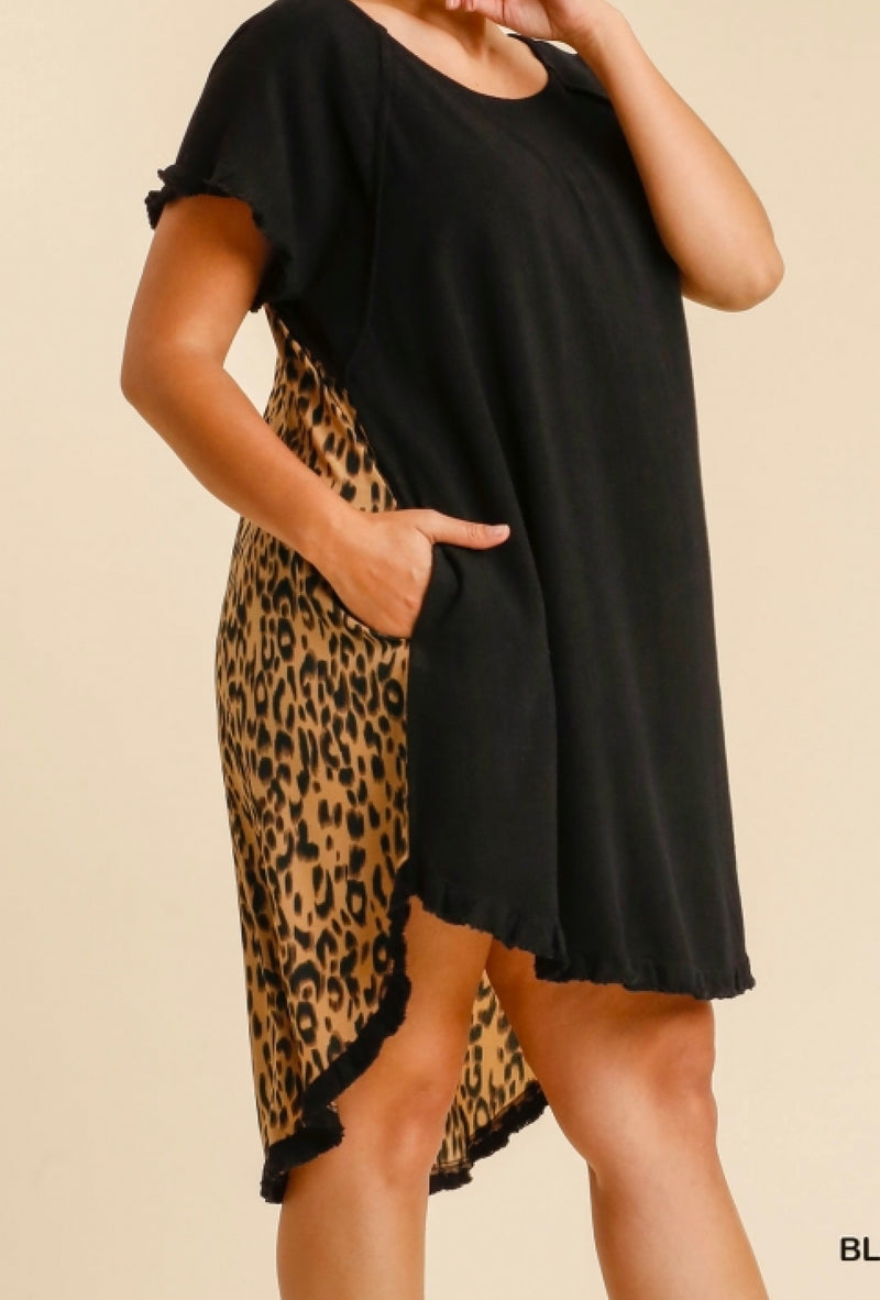 Riley Ann - Umgee Linen blend short sleeve round neck animal print dress with high low fishtail scoop ruffle hem - Black