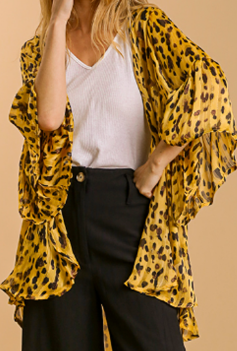 Shelly - Sheer animal print bell sleeve open front kimono with metallic threading