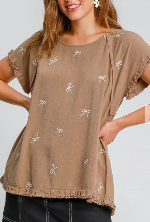Bow - Umgee Linen blend ribbon embroidered top with raglan sleeves
