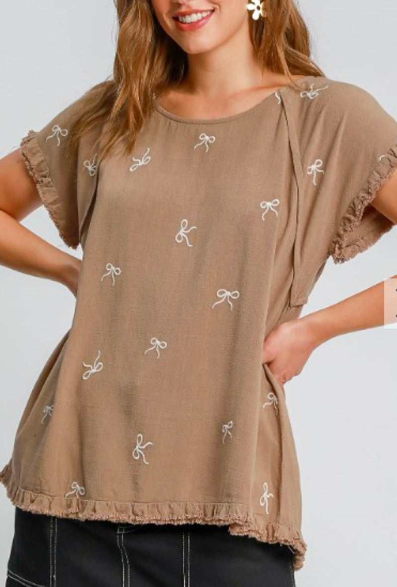 Bow - Umgee Linen blend ribbon embroidered top with raglan sleeves