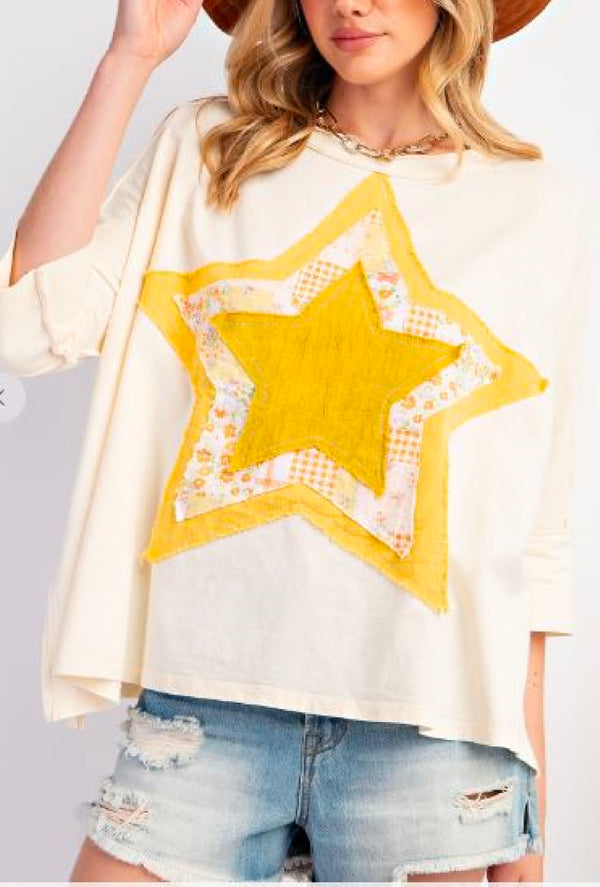 Starry - Washed cotton slub star patch front top with 3/4 sleeves - Cream