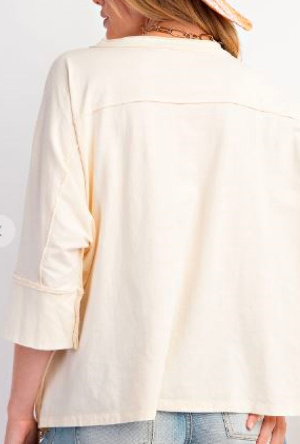 Starry - Washed cotton slub star patch front top with 3/4 sleeves - Cream