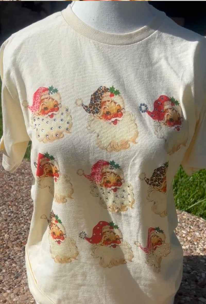 SoftstyleSt Nick - 9 Santa Faces vintage white tee complete with over 100 handset crystals