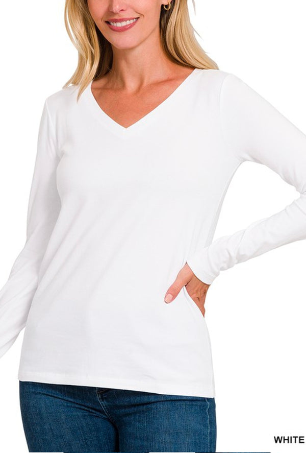 Tairen - Cotton V-neck long sleeve t-shirt - White