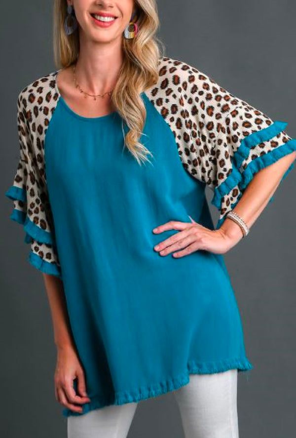 Tasha - Umgee Linen blend animal print layered bell sleeve round neck top with frayed hem details
