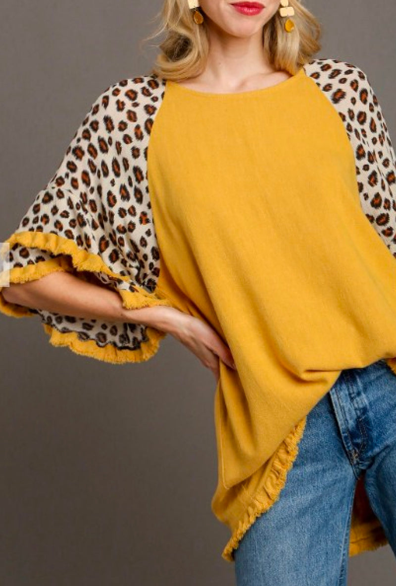 Tasha - Umgee Linen blend animal print layered bell sleeve round neck top with frayed hem details