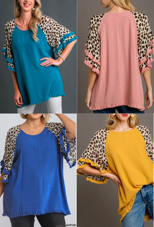 Tasha - Umgee Linen blend animal print layered bell sleeve round neck top with frayed hem details