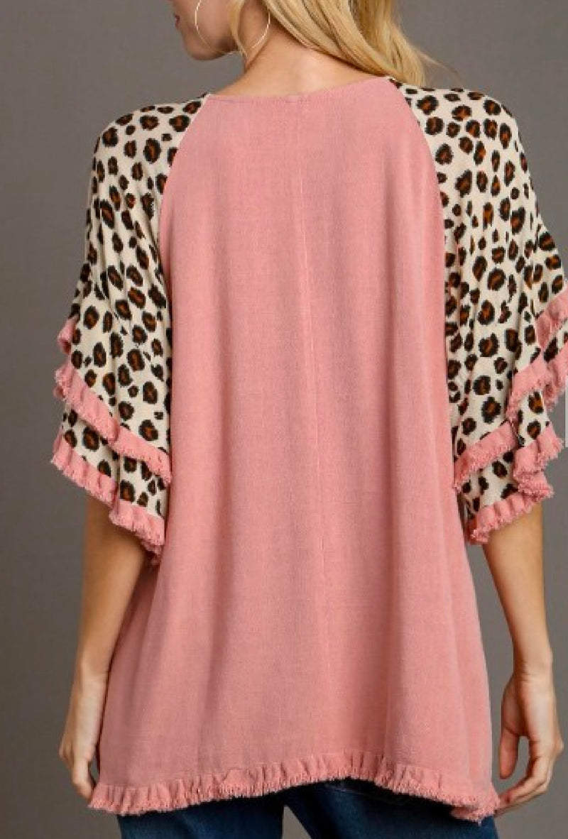 Tasha - Umgee Linen blend animal print layered bell sleeve round neck top with frayed hem details