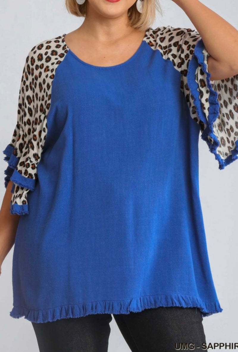 Tasha - Umgee Linen blend animal print layered bell sleeve round neck top with frayed hem details