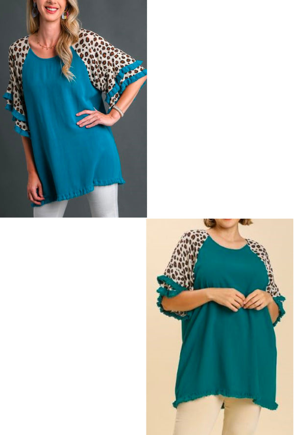 Tasha - Umgee Linen blend animal print layered bell sleeve round neck top with frayed hem details