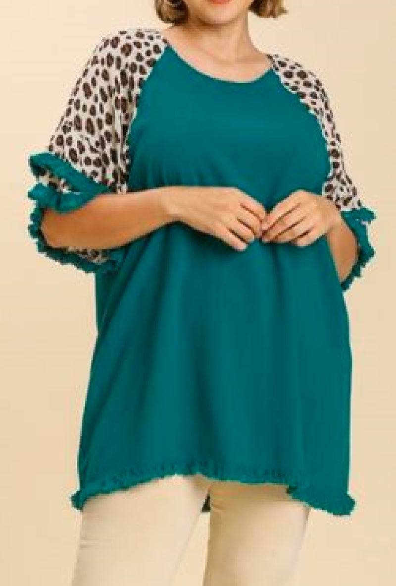 Tasha - Umgee Linen blend animal print layered bell sleeve round neck top with frayed hem details