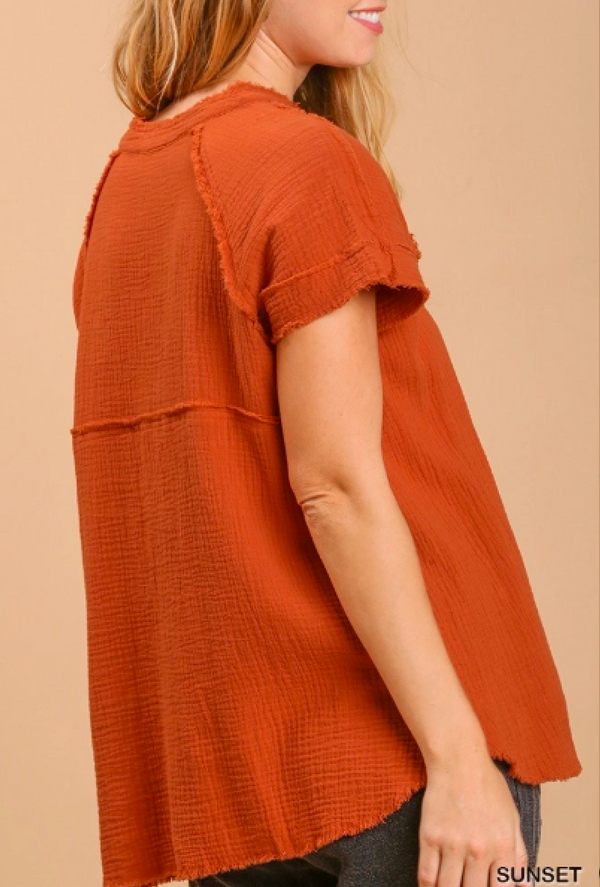 Tess - Umgee split neck star print chest pocket top with wide slit - Sunset