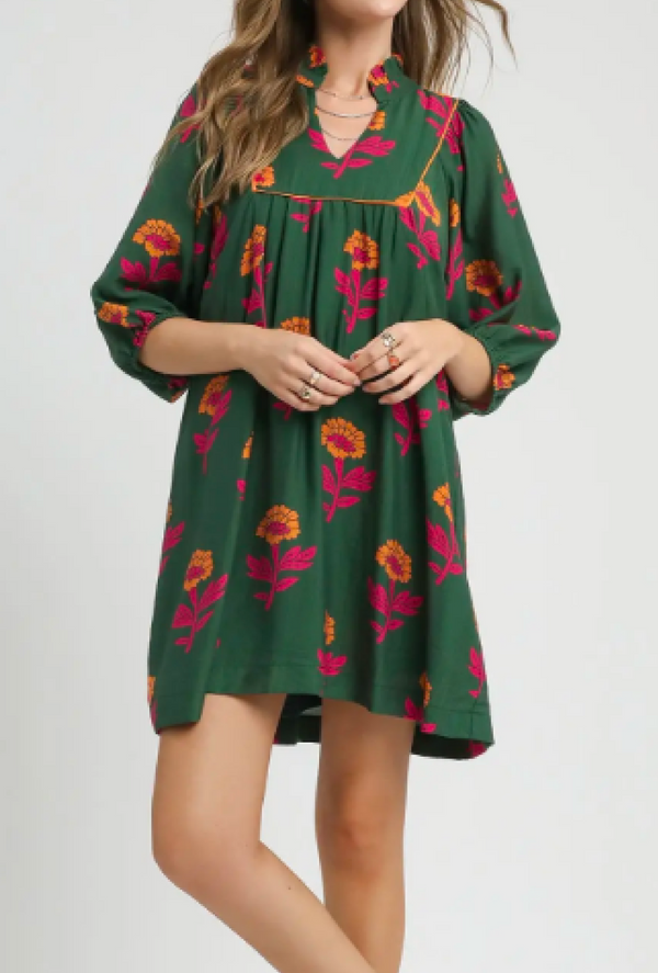 Tessa Fall - Umgee floral print babydoll tunic dress v-notch neckline, contrast piping, 3/4 puff sleeves, lined - Green mix