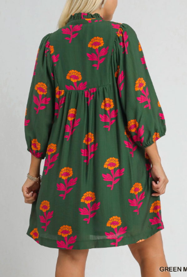 Tessa Fall - Umgee floral print babydoll tunic dress v-notch neckline, contrast piping, 3/4 puff sleeves, lined - Green mix