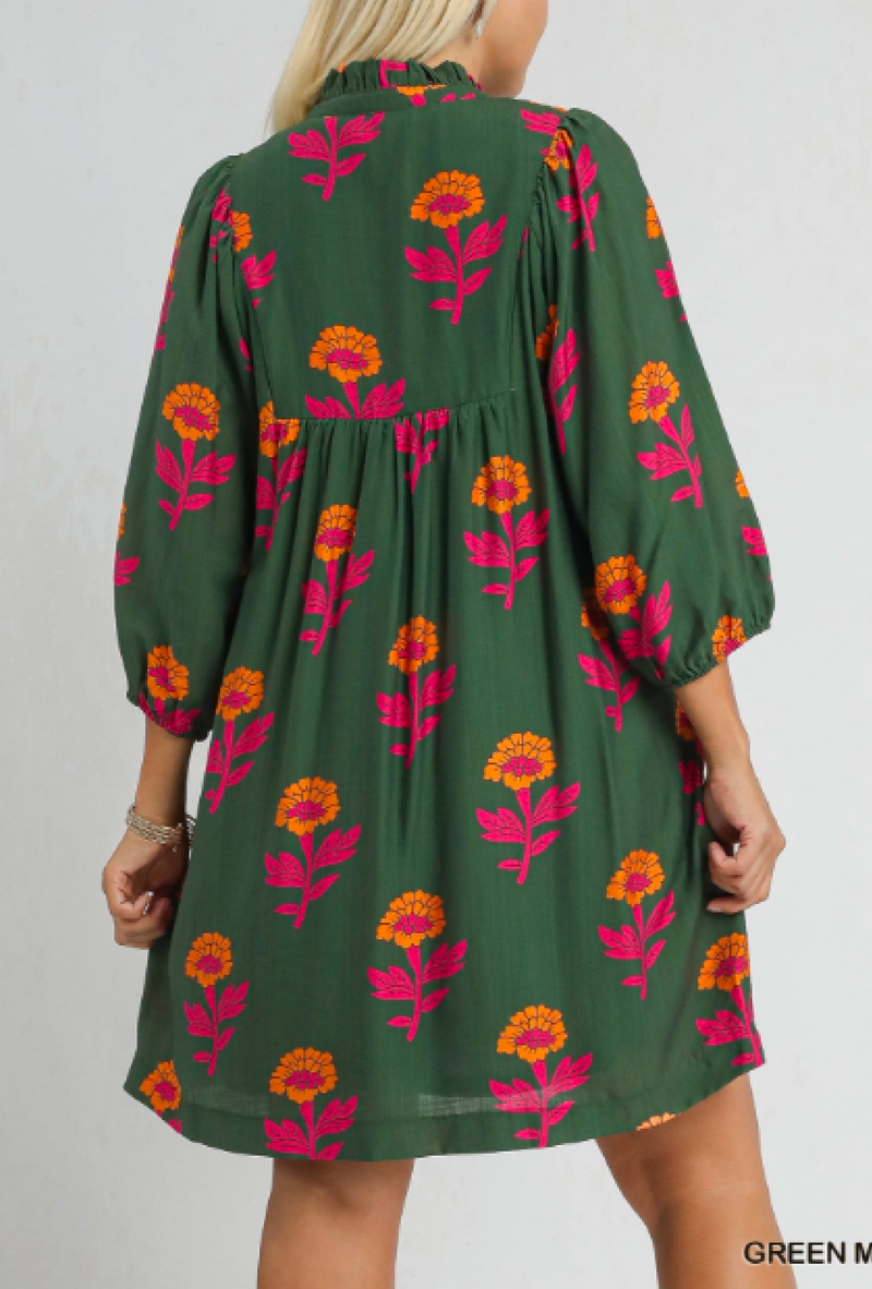 Tessa Fall - Umgee floral print babydoll tunic dress v-notch neckline, contrast piping, 3/4 puff sleeves, lined - Green mix