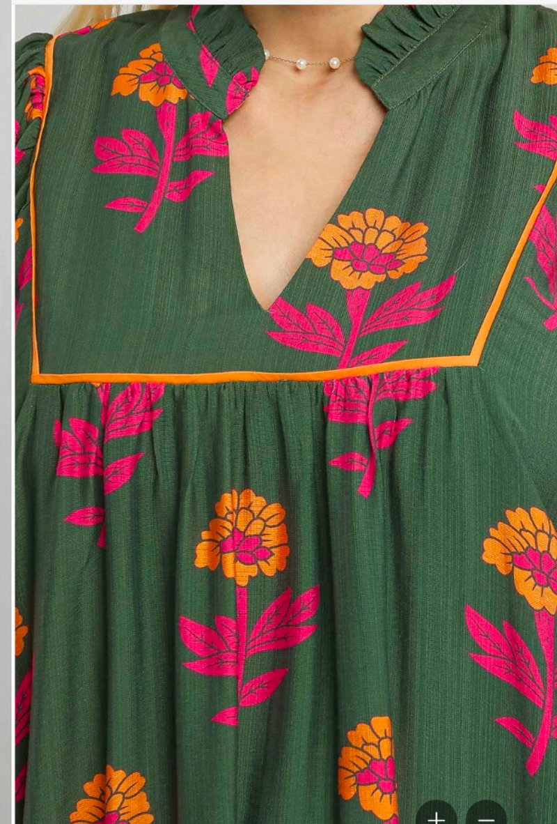 Tessa Fall - Umgee floral print babydoll tunic dress v-notch neckline, contrast piping, 3/4 puff sleeves, lined - Green mix