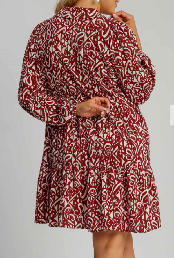 Merlot Cae - Umgee Two tone print tiered dress with long sleeve and collar, not lined - Wine Mix