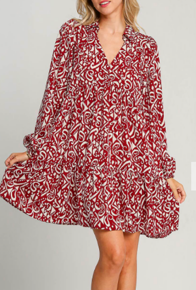 Merlot Cae - Umgee Two tone print tiered dress with long sleeve and collar, not lined - Wine Mix