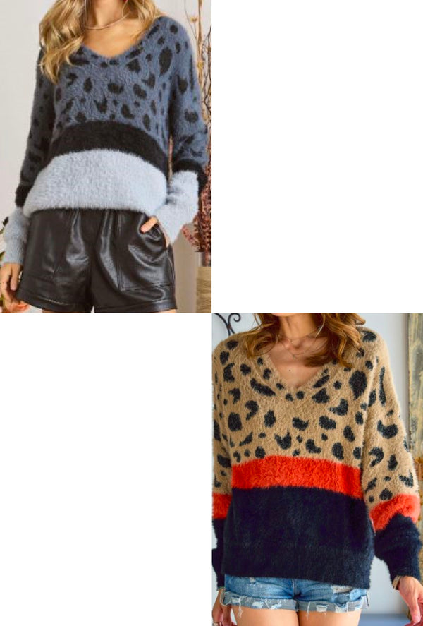 Winifred - Fuzzy V-neck leopard color block sweater - Latte/Orange