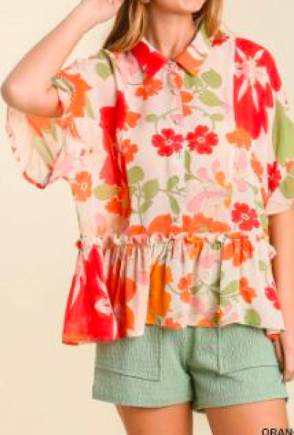 Alexis - Umgee Floral button up collared short sleeve blouse with ruffle hem  & no lining