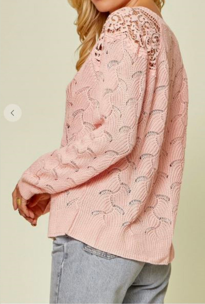 Andre- Lightweight sweater with lace details on shoulder, round neckline, balloon sleeves and relaxed body, semi sheer - Blush