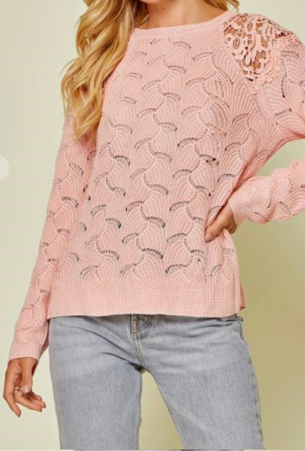 Andre- Lightweight sweater with lace details on shoulder, round neckline, balloon sleeves and relaxed body, semi sheer - Blush