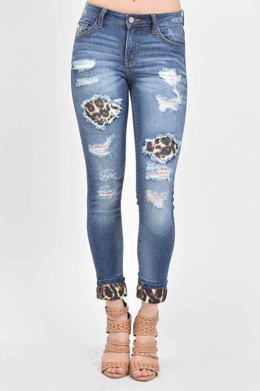 Ms Smith - Kancan Mid Rise leopard patch super skinny jeans Rise 8.5" Inseam 29.5"