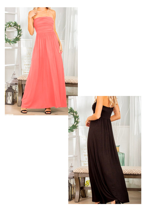 Amy Leigh - Strapless tube solid maxi dress with ruffled and side pocket detail