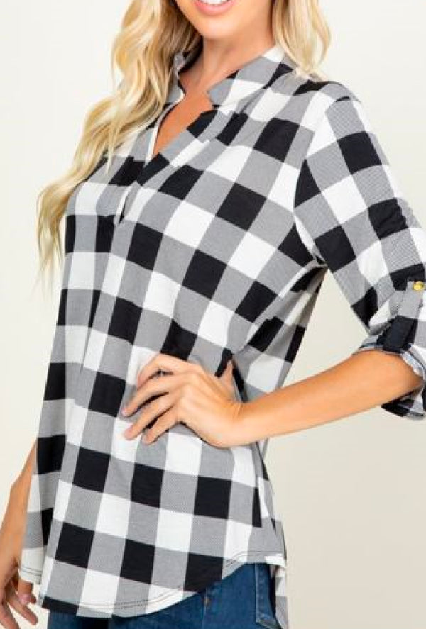 Braylin - Black Plaid print top with 3/4 roll up button sleeve and Mandarin collar
