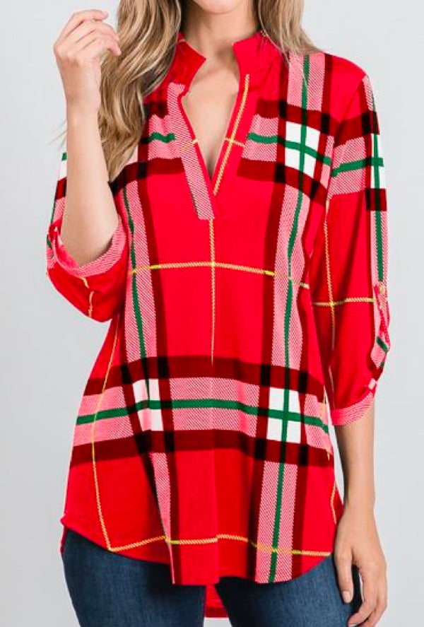 Braylin Red - Plaid print top with 3/4 roll up button sleeve and Mandarin collar