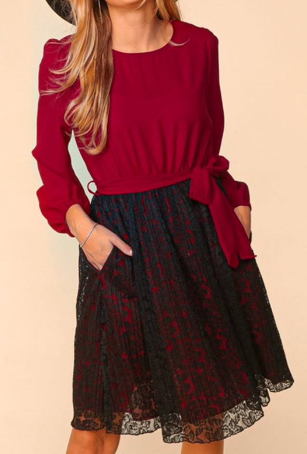 Carla Reigh - Round neck bubble puff long sleeve elastic waist pleated lace skirt with lining twofer style midi woven dress with sash belt - Wine/Black