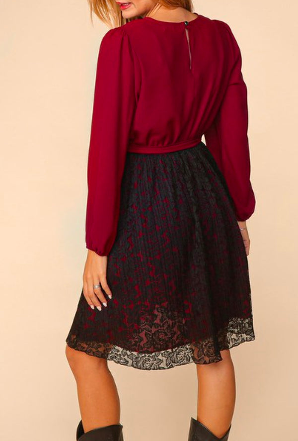 Carla Reigh - Round neck bubble puff long sleeve elastic waist pleated lace skirt with lining twofer style midi woven dress with sash belt - Wine/Black