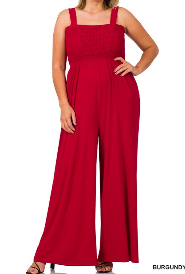 Charlise - Smocked top jumpsuit with pockets, square neck - Burgundy
