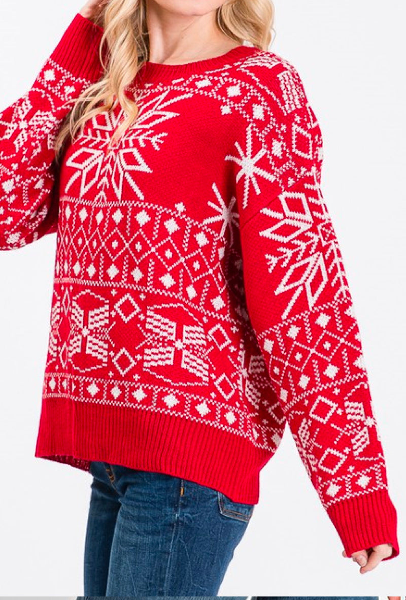 Clarice - Long sleeve round neck Christmas snowflake print sweater - Red