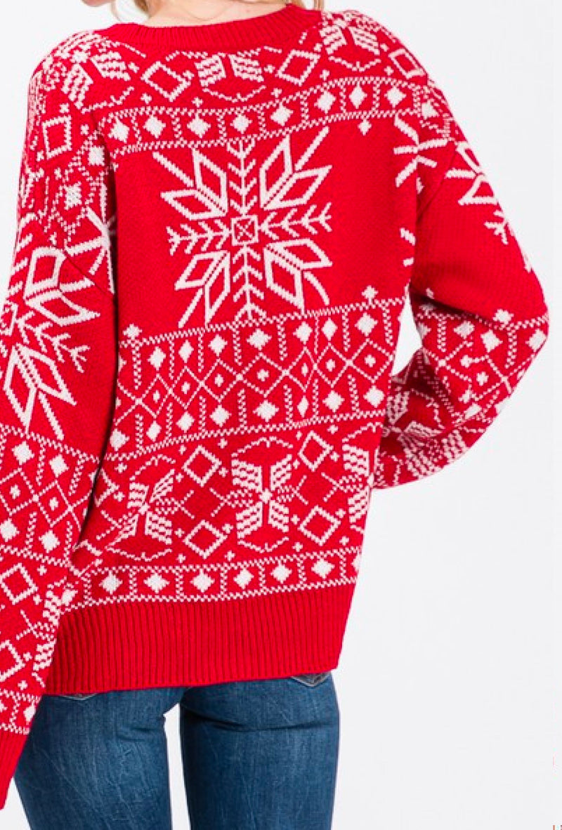 Clarice - Long sleeve round neck Christmas snowflake print sweater - Red