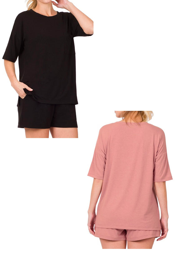 Darian - Drop shoulder front pocket top with side slits & drawstring elastic waist shorts with pockets