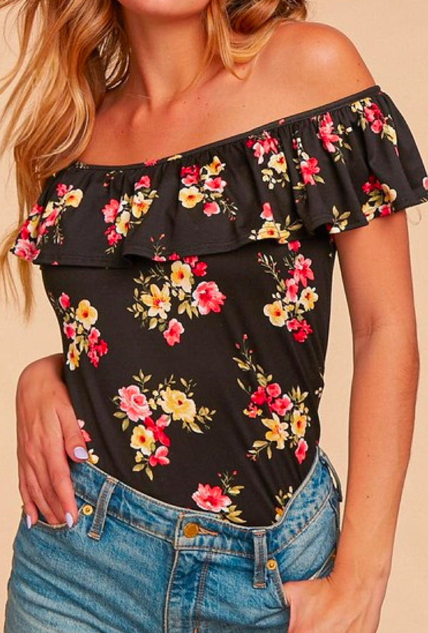 Dayna - Square neck off shoulder ruffle sleeveless floral print knit tank - Black