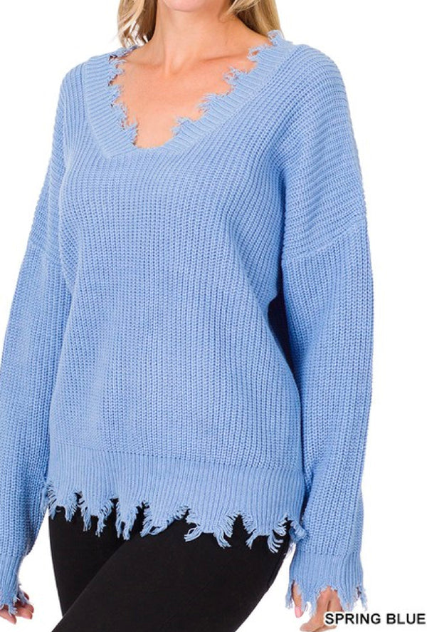 Elisa - Wide double V-neck distressed waffle sweater