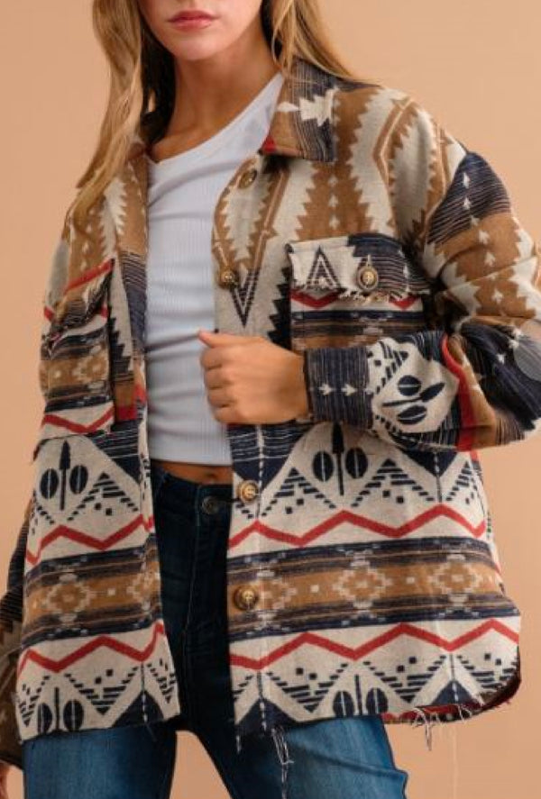 Emmy - Tribal Aztec pattern button down shirt jacket - Navy