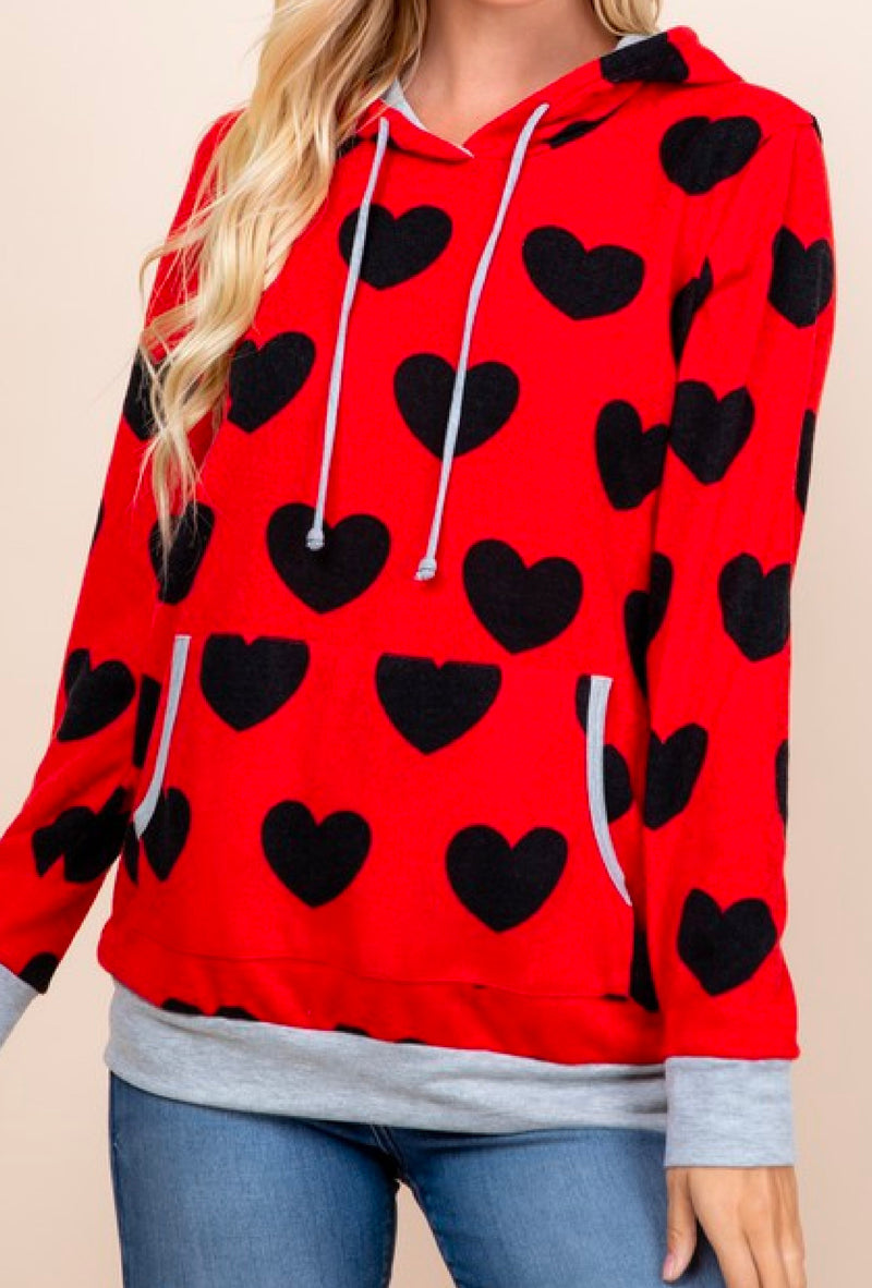 Esme - Long sleeve valentine heart print hooded top with kangaroo pocket - Red