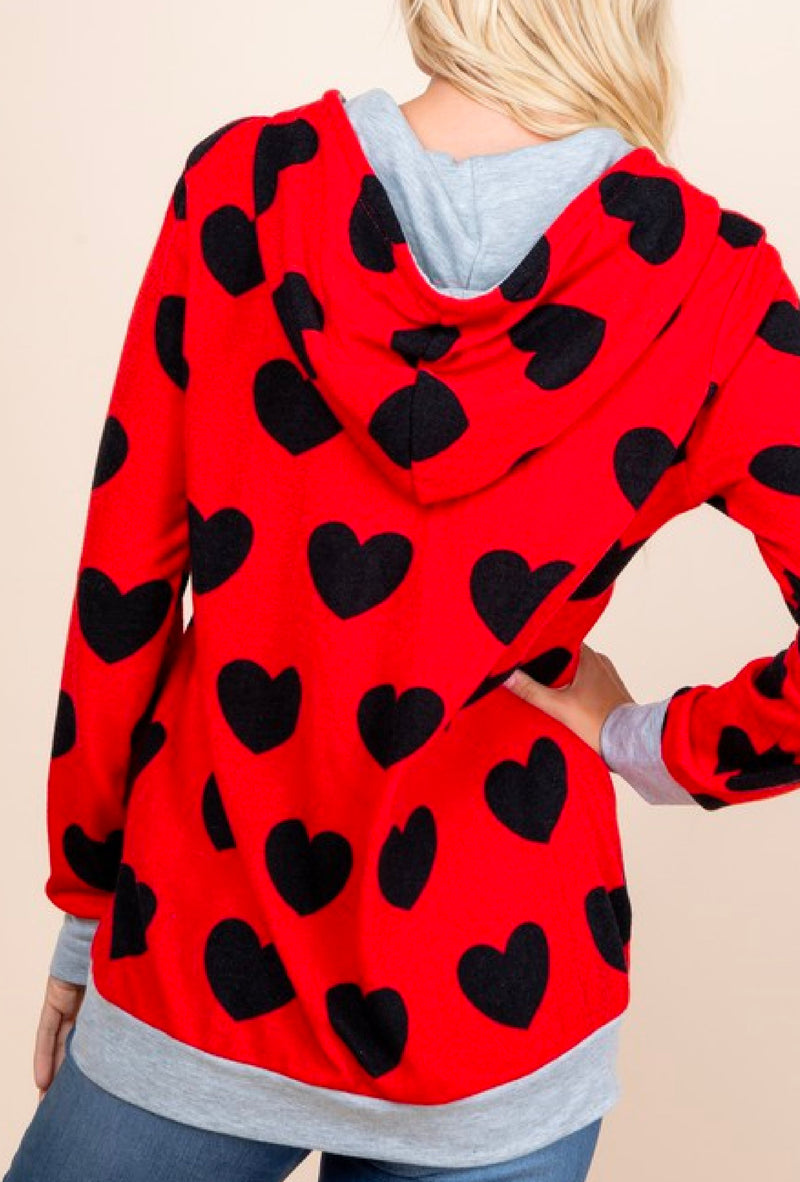 Esme - Long sleeve valentine heart print hooded top with kangaroo pocket - Red