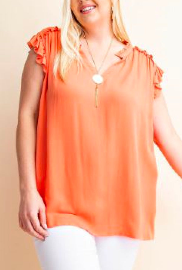 Frankie - Ruffled detailed top with high-low hem, cap sleeve, V-neck with back ruffled yoke - Salmon