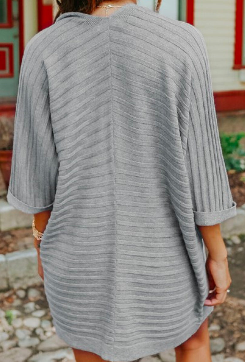 Gracie - Detail 3/4 sleeve and open front kimono with chic ribbed knit details - Grey