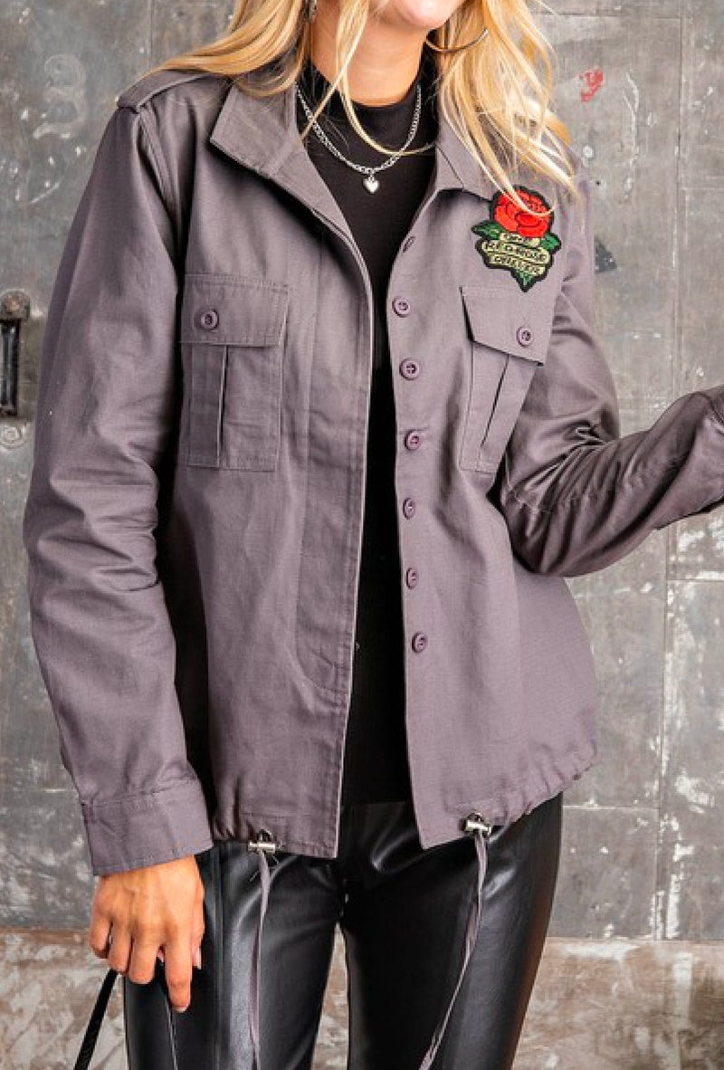 Heidi - Field jacket with drawstring hem and rose embroidery patch - Charcoal