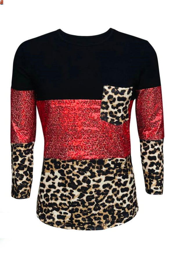 Hollie - Long sleeve color block black cheetah red sequin top with pocket