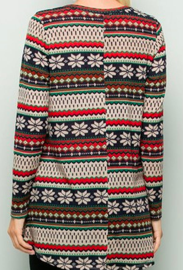 Holly - Holiday print sweater long sleeve tunic - made with soft sweater knit jersey - Red/Green
