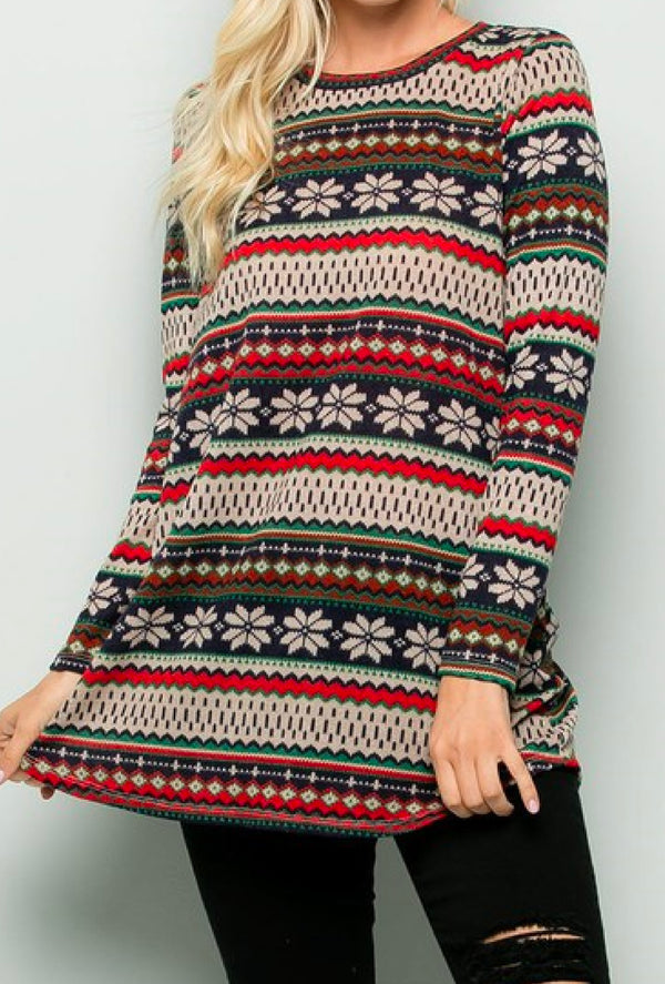 Holly - Holiday print sweater long sleeve tunic - made with soft sweater knit jersey - Red/Green
